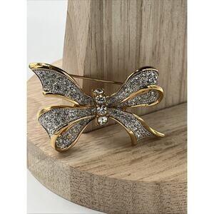 Swarovski Swan Signed Gold Crystals Bow Pin Clear Rhinestone Brooch Gorgeous